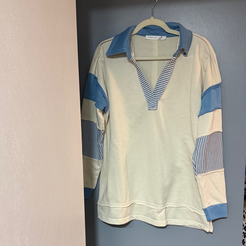 Altar'd State Cream and Blue Striped Rugby Top